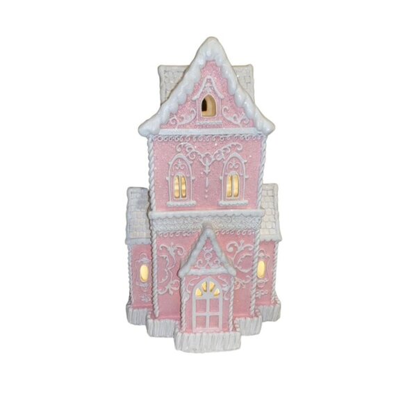 Christmas PINK Victorian Glitter Lighted Gingerbread Hand Painted House 14